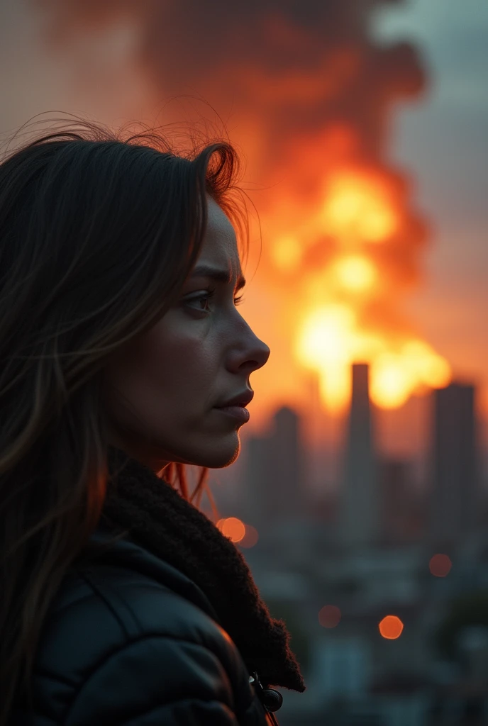 Photograph of a woman with a single tear in her eye, watching a comet hit a city
