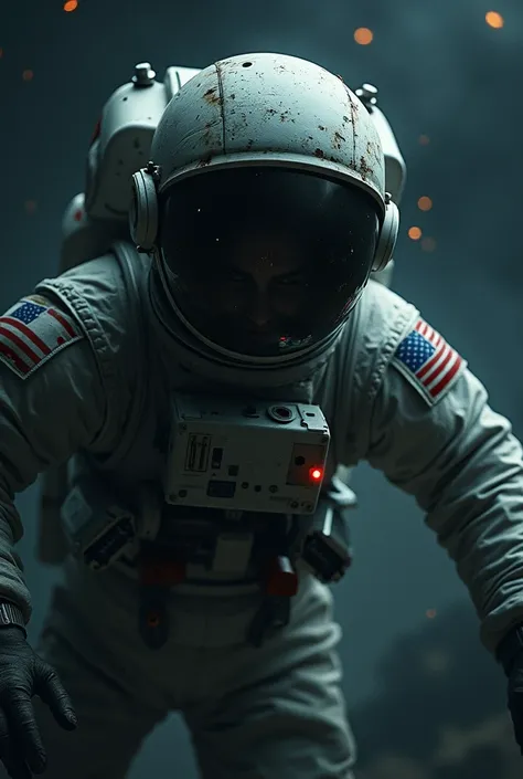 Create a image ratio 16:9 of a astronaut with fear and lost in space motion blur