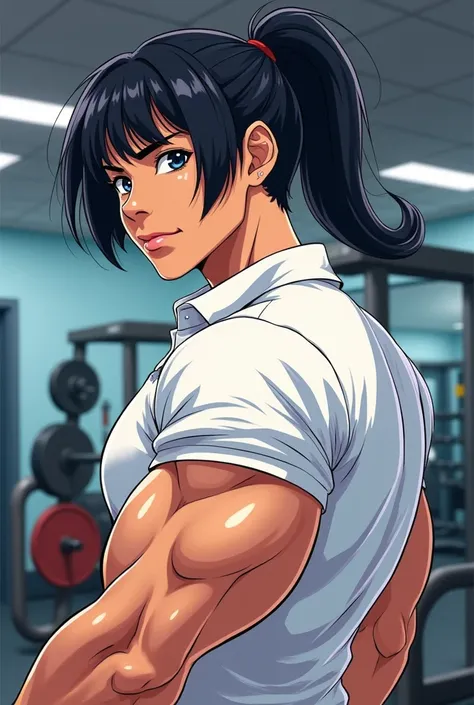 I am Peruvian with short black hair with bangs and big black eyes ,  make my anime And I always have my hair combed in a ponytail and I wear an oversized white polo shirt to generate bodybuilder poses I want a gym background to put it in profile 
