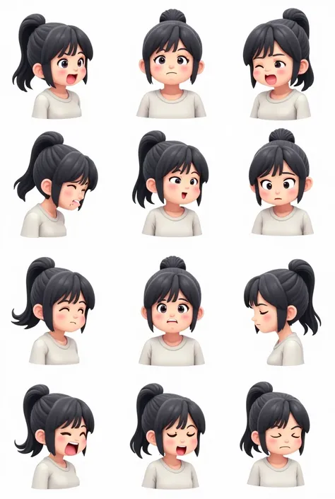 Cute girl with single ponytail，T-shirt jeans。Facial Expressions，(9 Emojis，Emoticon table，Alignment)，9 poses and expressions（happy，Grief，amaze，Excited，Giggles，Smell the rat，angry，Pat your head，Acting cute, wait），Anthropomorphic style，Black stroke，Various em...