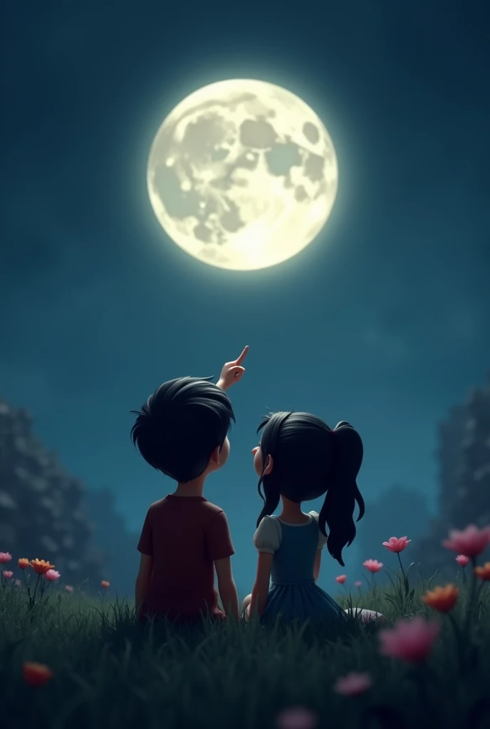 I created a Disney 3D style image, a new couple, A boy and a , sitting on the grass and facing away, pointing to the beautiful full moon. They are passionate.  Everything is dark and you can&#39;t see flowers, It&#39;s a dark night. 