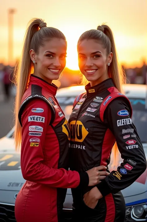 2 beautiful blonde women dressed in NASCAR racing suits, posing in front of a nascar car, smiling with her hair up in a high ponytail, at sunset, 4 k, ultra HD, best possible quality.