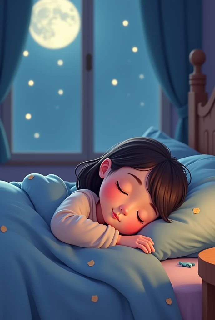 Cartoon girl sleeping at night on bed