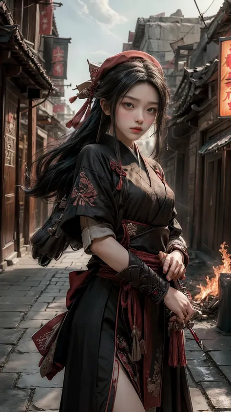 ((masterpiece, Top quality, high resolution, Reality, Raw, 8k wallpaper)), Hanfu female soldiers, Heroes of the Three Kingdoms, (Hand holding a bow and arrow), She has long black hair tied back, Wearing armor，Wearing a red official hat, Enemies all around，...