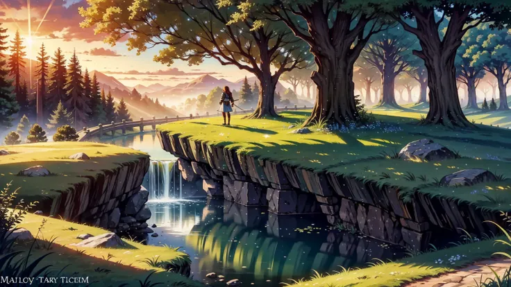 A fantasy landscape inspired by Celtic music, perfect for a medieval adventure game setting, now featuring a single adventurer in the foreground. The adventurer is a brave female warrior with long, flowing red hair, wearing a shining silver armor with intr...