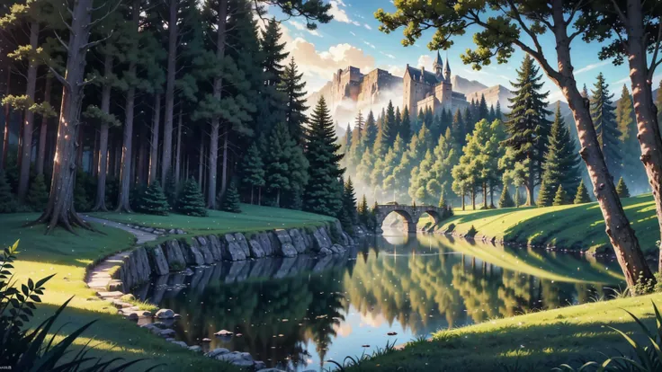 A fantasy landscape inspired by Celtic music, perfect for a medieval adventure game setting, now featuring a single adventurer in the foreground. The adventurer is a brave female warrior with long, flowing red hair, wearing a shining silver armor with intr...