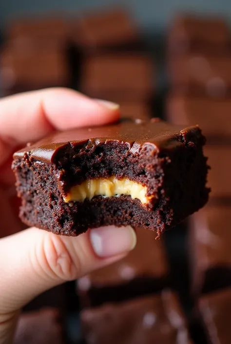 A chocolate brownie with a crispy crust, shiny with a creamy chocolate flavored cream and light in the middle of the brownie as if it were in the shape of a sandwich. In the 360 degree view being held with one hand and containing a small bite further empha...