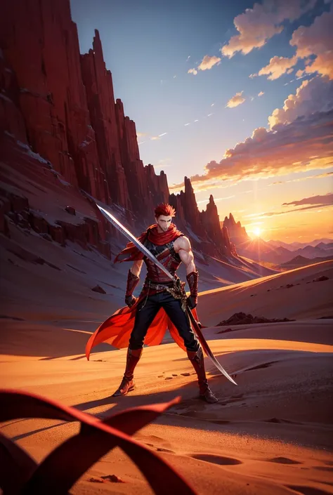 A young man with spiky red hair stands alone in a vast, barren desert. His intense gaze is fixed forward, and his muscular frame is poised for battle. He holds a massive, gleaming sword with both hands, the blade nearly as tall as he is. The sky above is a...