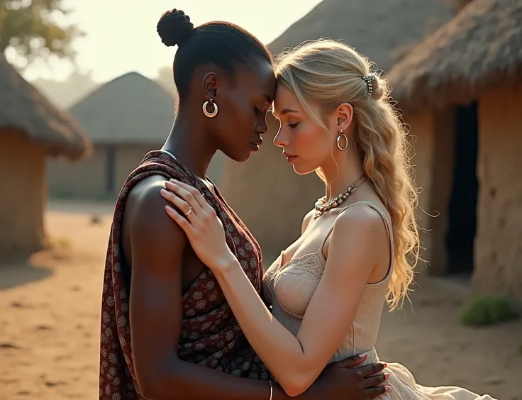 blond girl with a white complexion is sitting next to himba teenage woman, in a village, futuristic himba teenage girl, futuristic himba young woman, himba woman is holding and disrobing blond girl, lesbian embrace, beautiful futuristic himba woman, himba,...