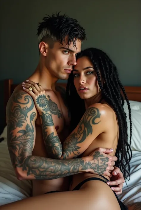 long shot full view 2 people 1 woman sitting on a man&#39;s legs hugging him and biting his lip on a bed,attractive man short hair shaved on the sides black with white highlights disheveled ,gray-green eyes, seductive look, full lips ,strong, piercing,tatt...