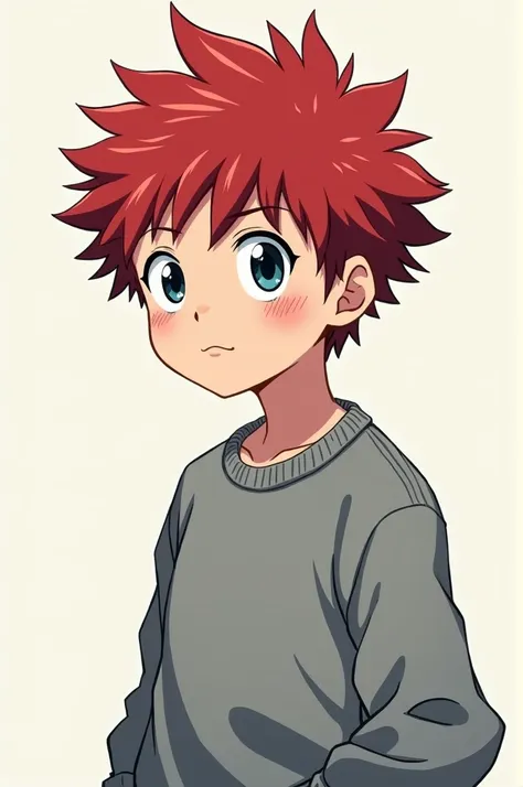 A boy in my hero academia style with shoet red hair, dark blue eyes, freckles and blushed, wearing a gray sweater 