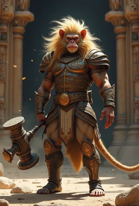 Monkey-Hearted Warrior: "A warrior inspired by Lord Narasimha, the monkey-headed avatar of Vishnu. His face is a blend of human and monkey features, with a mane of golden hair flowing around his face. His armor is crafted with the symbols of Vishnu, and he...