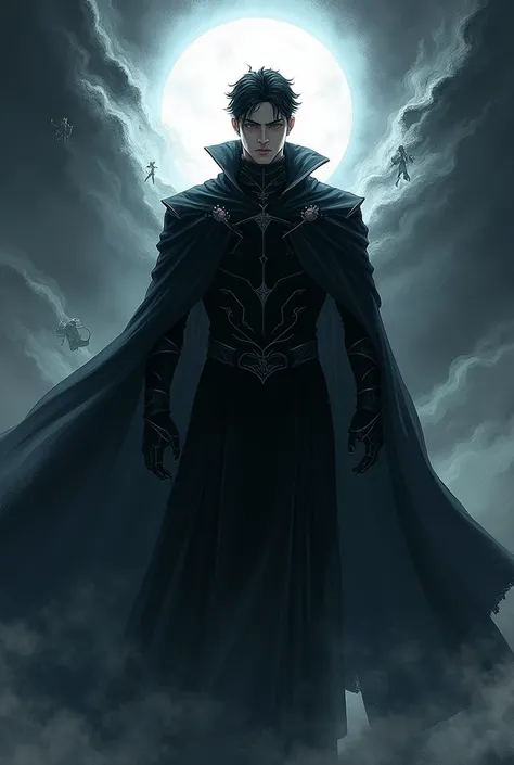 a book cover with a male character with powers of shadow monarch from solo leveling
