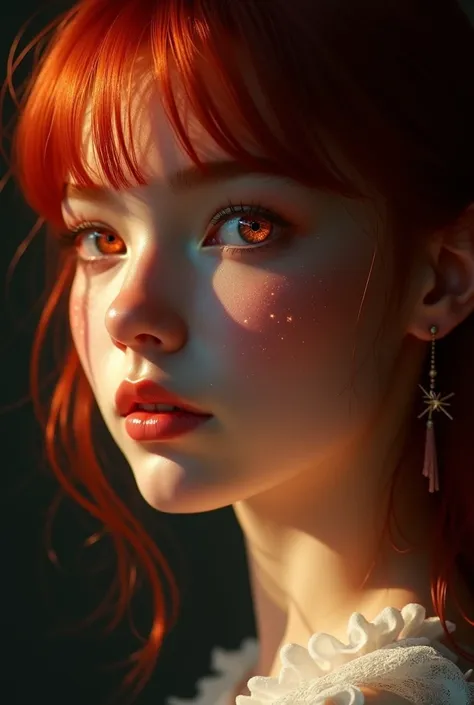 1 girl, star eye, blush, perfect lighting, Red hair, Eyes red, engine unreal, side lighting, face detailed, bangss, shining skin, simple background, darkness background