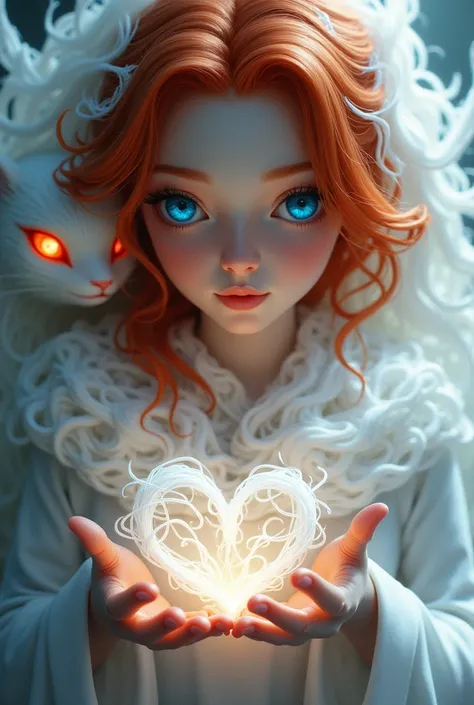  redhead with blue eyes making a little heart with white hair and red eyes 