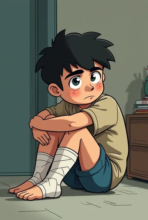 Cartoon of a sad teenage boy with a cast on his knee 