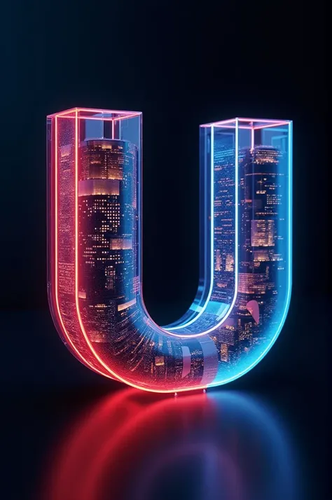 A unique style of bold letter "U" In a 3d format is divided into two parts, one part is filled with business management, and other is filled with hotel management, the background and border of the "U" Letter is filled with red and blue neon effect. 