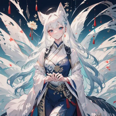 ((4K,masterpiece,Highest quality)), Shui Movissim, Chinese painting, Lotus, Hanfu, Maxi Kit, 1 conservatively dressed girl, alone, white hair, Long Hair, Fox Ears, white, bikini, fish, many fish close to the girl, Looking at the audience, teasing