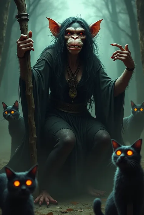 Monkey female evil witch surronded by evil cats