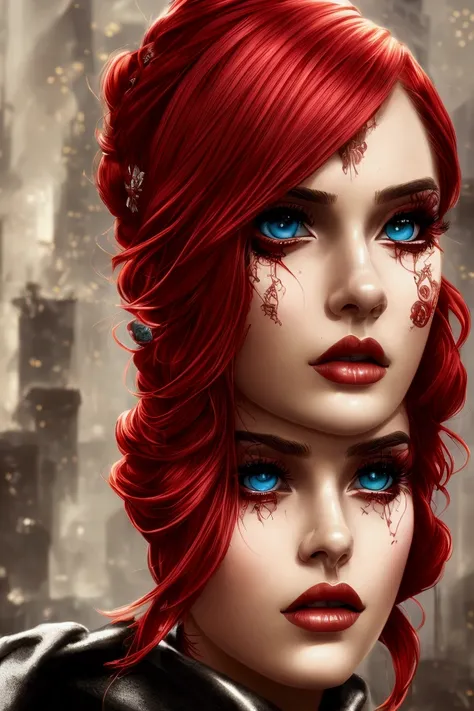 beautiful girl, Half-length portrait, short and messy bright red hair, black eye shadow, (street style clothing:1.2), (city background:1.2), dark makeup, Digital art, trend in artstation, highly detailed, good detail, Intricate,  beautiful detailed glow, d...