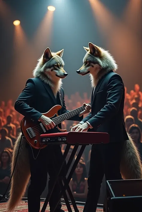 (photorealism:1.2), photo of a musical male couple, where instead of people there are wolves, that one is playing the electric bass and the other the keyboards, black formal attire, the place that is a stage full of spectators. 