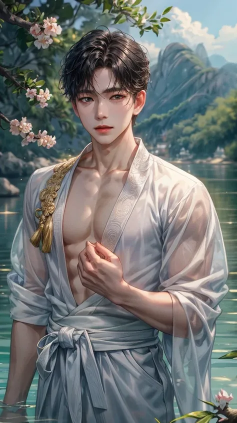 1 boy, young man, Detailed eyes and face, Perfect male body, ,Portrait, Spectacular Thai clothing, Thai landscape, peach blossom, pine, Clothes floating in the water, color difference, depth of field, Stunning shadow, Ray Tracing, best quality, movie light...