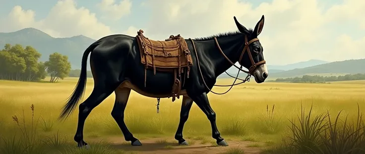 Black donkey with horsesollar and whip scars walkin in a field in cuba 19th century