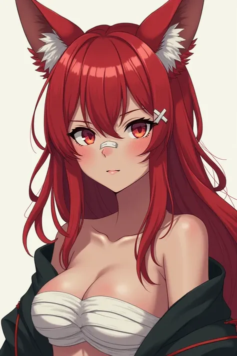 a girl with fox ears and red hairs and wearing bandage on only breast and bandaid on nose anime style