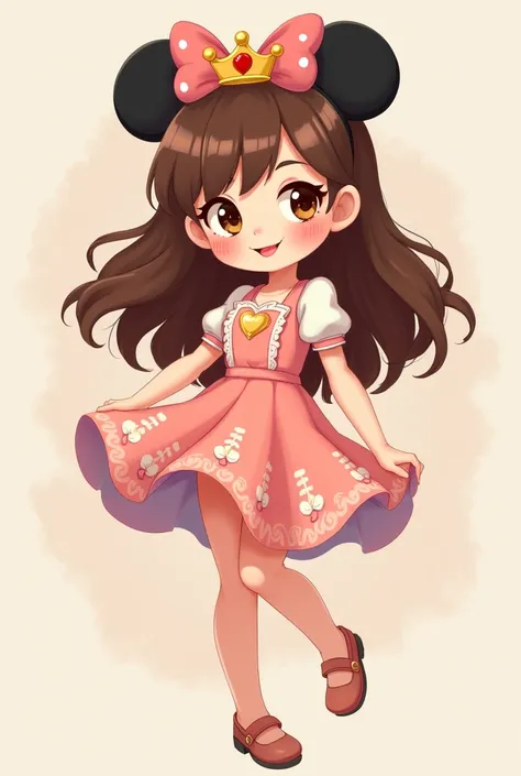 2D drawing,  cute in a flared dress, Long brown hair, eyes browns, happy with a minnie tiara, cute style