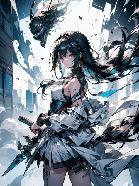 Create Ultra High Resolution, Masterpiece quality image with white theme, Featuring a cute anime girl with long black hair in a cool pose, Attack with a high-tech sword. In this scene、A number of holographic swords appear to be floating in a circle..。, Eac...