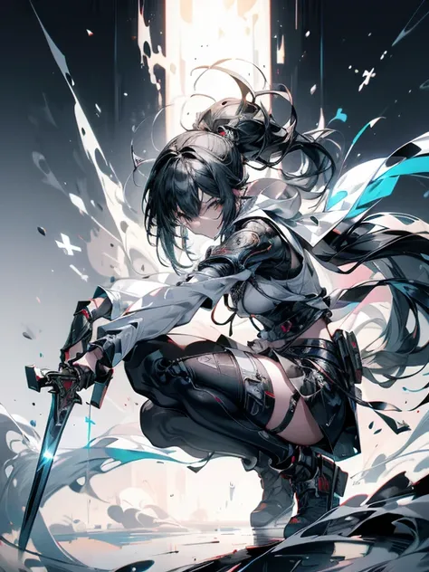 Create Ultra High Resolution, Masterpiece quality image with white theme, Featuring a cute anime girl with long black hair in a cool pose, Attack with a high-tech sword. In this scene、A number of holographic swords appear to be floating in a circle..。, Eac...