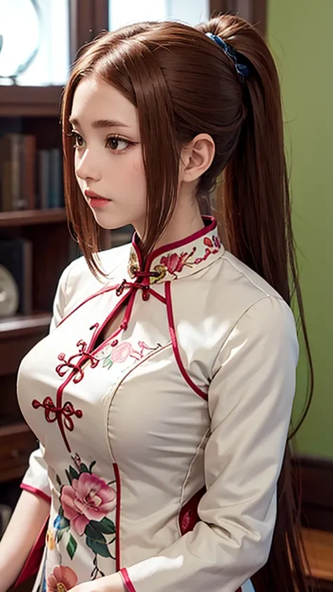 1 female, high resolution, Long hair, Ponytail, High Detail, best quality, masterpiece, cheongsam