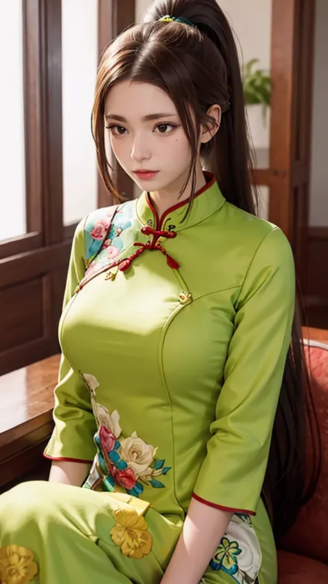 1 female, high resolution, Long hair, Ponytail, High Detail, best quality, masterpiece, cheongsam