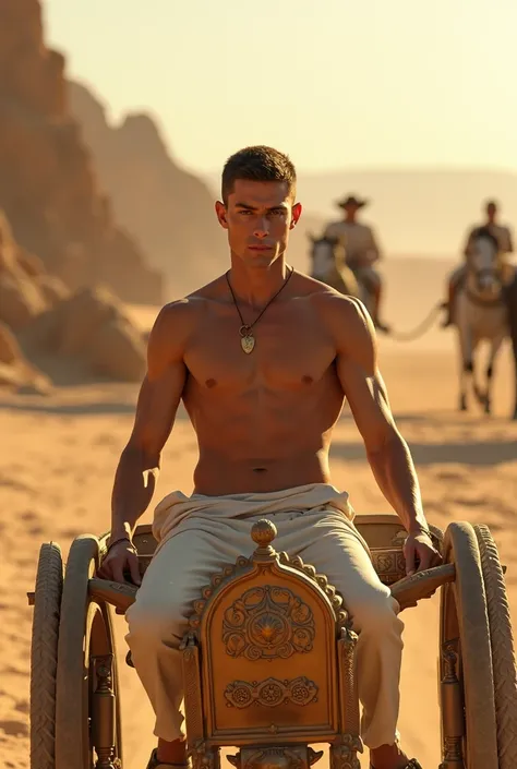 A young skinny prince white skin beautiful face handsome shirtless in a small Roman carriage with 4 horses in the desert 