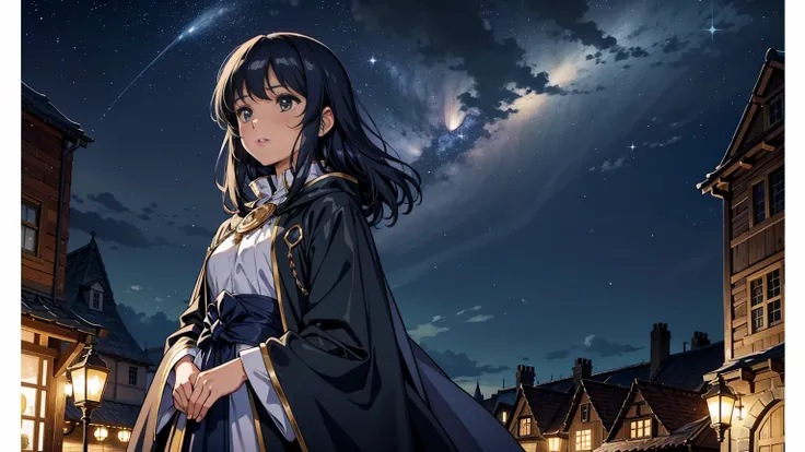 A large medieval town under a starry night sky, perfect for a fantasy setting. The town is bustling with tall stone buildings, cobblestone streets, and glowing lanterns casting a warm light. In the foreground, a young woman stands on a balcony, looking up ...