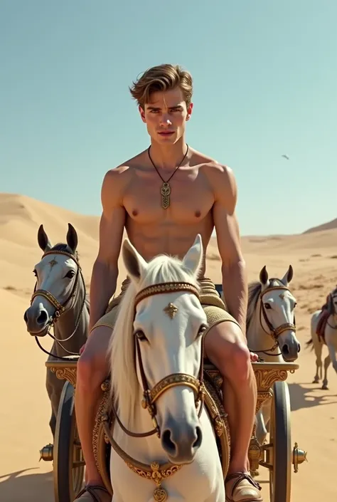 A young skinny prince white skin beautiful face handsome shirtless in a small Roman carriage with 4 horses in the desert 