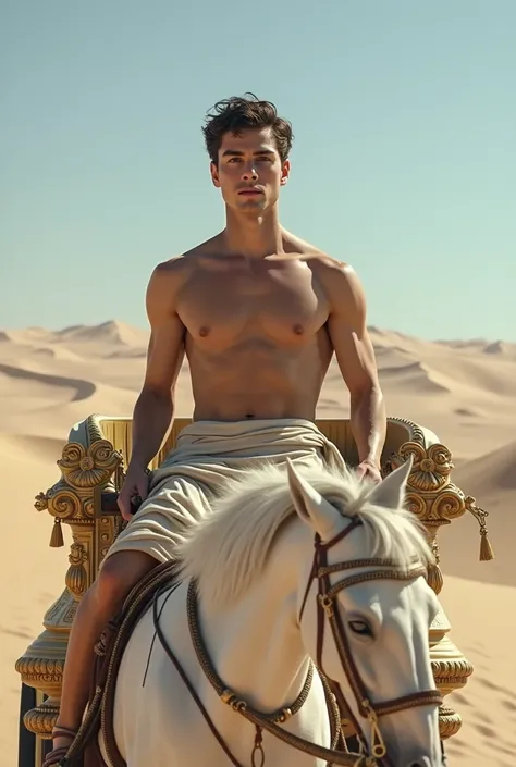 A young skinny prince white skin beautiful face handsome shirtless in a small Roman carriage with 4 horses in the desert 