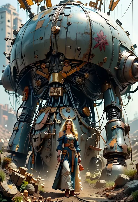 there is a woman standing in front of a giant robot, inspired by ken kelly, epic album cover, imogen poots as a paladin, ralph h...