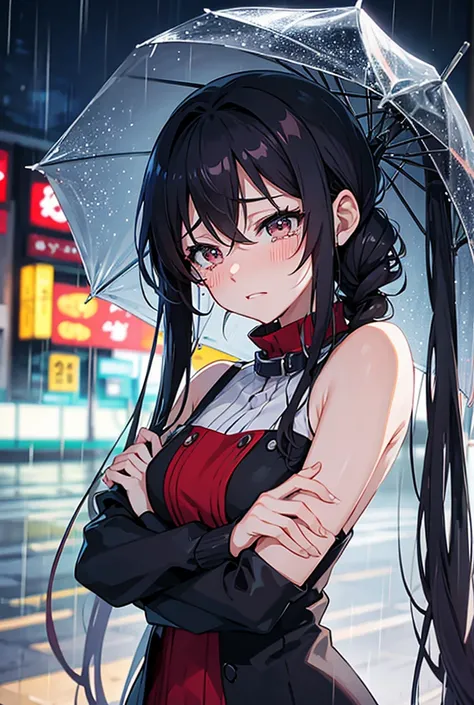 Anime style woman crying on a rainy night
