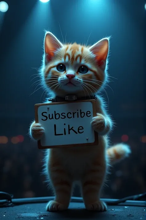 Kitten ai cat in in the dark, concert, wearing a signboard named "Subscribe & Like" 