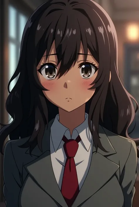 Boku no hero academia screenshot, beautiful woman, dark brown skin tone, wavy dark brown hair, slanted eyes, dark eyes, relaxed expression, uniform gray coat red tie