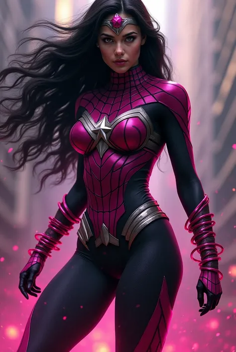 (((Fuchsia symbiote fused with Spiderman Wonder Woman))),(((A beautiful woman with long black hair under the mantle of the Amazon warrior Wonder Woman))),(((Ten-pointed white star on its abdomen))),(((Fuchsia Corset))),(((Long fuchsia boots up to her knees...