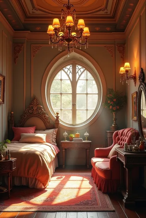 a beautiful bedroom with fantasy ambience, round shape window with golden floral pattern bars make the sunlight enters the room beautifully. theres an oval mirror above the classic looking dressing table with a lot of cosmetic on the top. the bed if beauti...