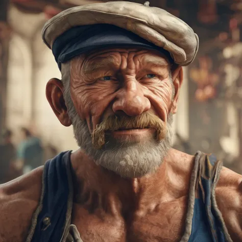 a portrait of Popeye, o marinheiro, intrinsic details, work of art, hyperrealisti , High definition , 8k, pulling iron