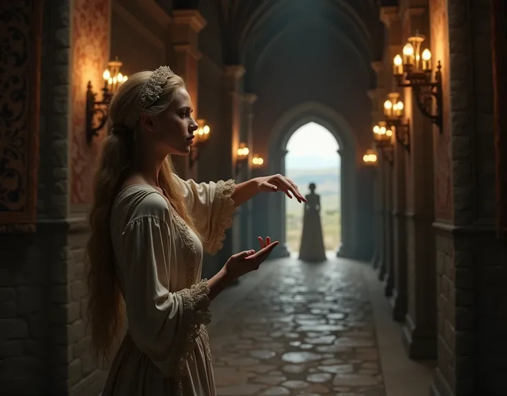 (photorealism:1.2), medieval blonde lady throwing a pebble from a dark hall, to a far-away man 