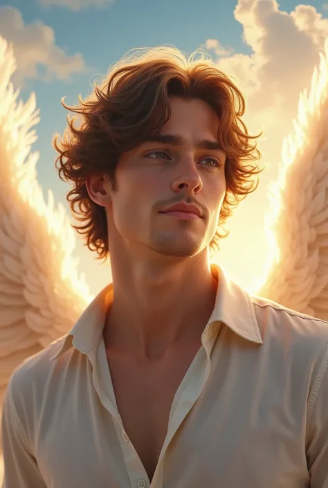 Handsome young man with shoulder length curly hair,Realistic,HD full body with beautiful angel background 