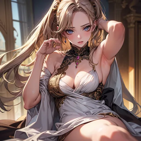 ((masterpiece, best quality, extremely detailed, absurdres)),Create a high-resolution, highly detailed, and realistic anime-style illustration. The focus of the image is on a seductive woman who is showcasing her alluring armpit in a sensual manner, using ...