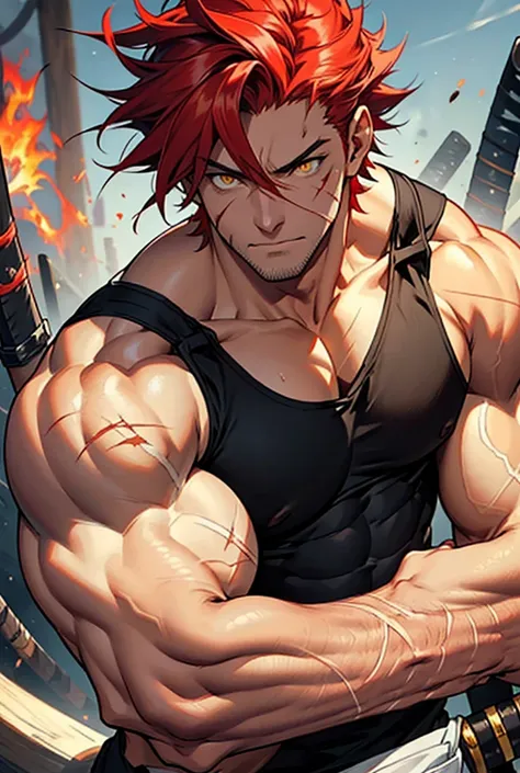 man strong, yellow  eyes, very tired eyes, surgery stitches on the body, scar not nose, cabelos Red-Haireds, medium hair, katana, White tank top, defined muscles, cigar, Red-Haired, White tank top, brawny, 3, flaming katana, medium voluminous hair, tired l...