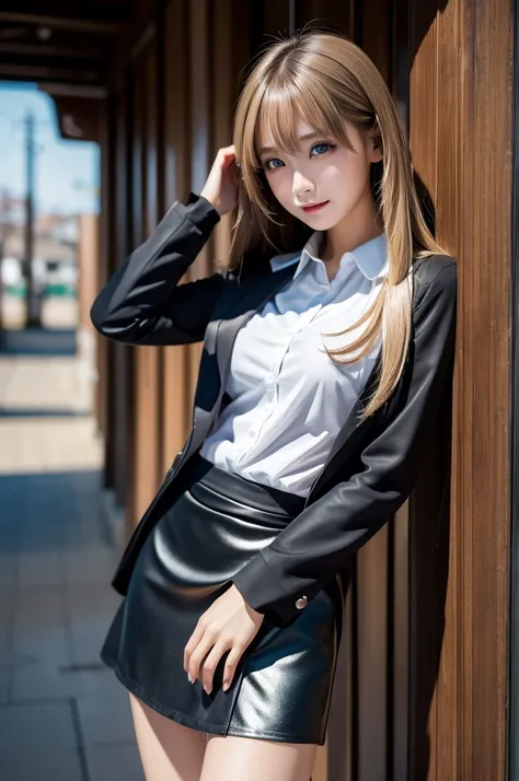 Sexy Big 、Sexy cute looks and cute  beautiful girl, beautiful and sexy face、A strong wind blows my hair in front of my face、length, Metallic blonde straight hair、beautiful, Cute and sexy eyes hidden behind long bangs, Gothic Maid Break Ceremony,((suit、Skir...