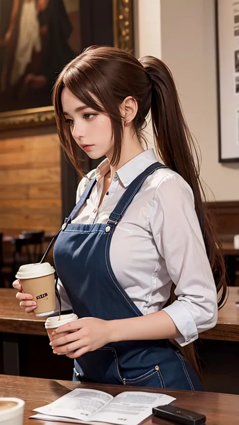 1 female, high resolution, Long hair, Ponytail, High Detail, best quality, masterpiece, Fashionable clothing，In the café，Drink coffee